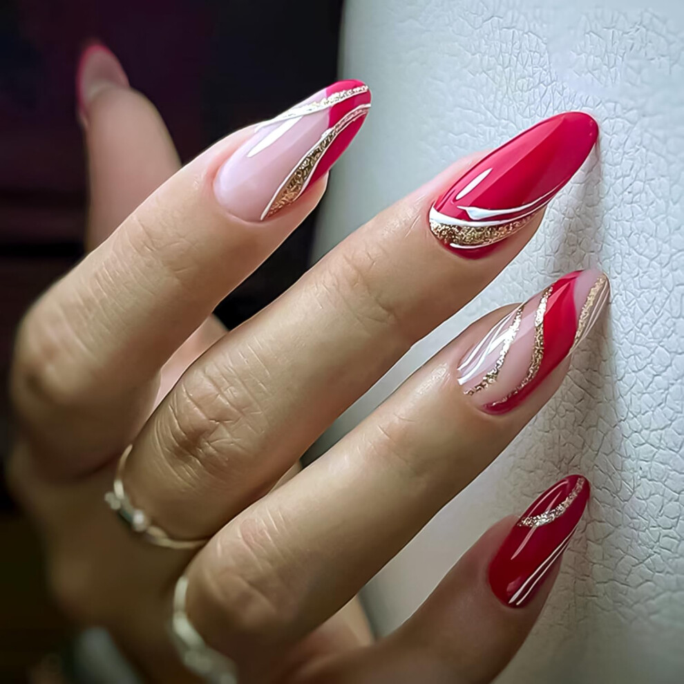 Red Almond Press On Nails With Glossy Swirl Design, Full Cover Acrylic Fake Nails, 24Pcs