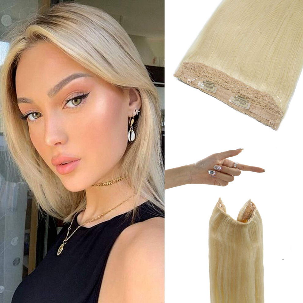 Unisex Silver Platinum Blonde Human Hair Extensions 14 Inch Invisible Wire With Clips For Instant Length & Volume