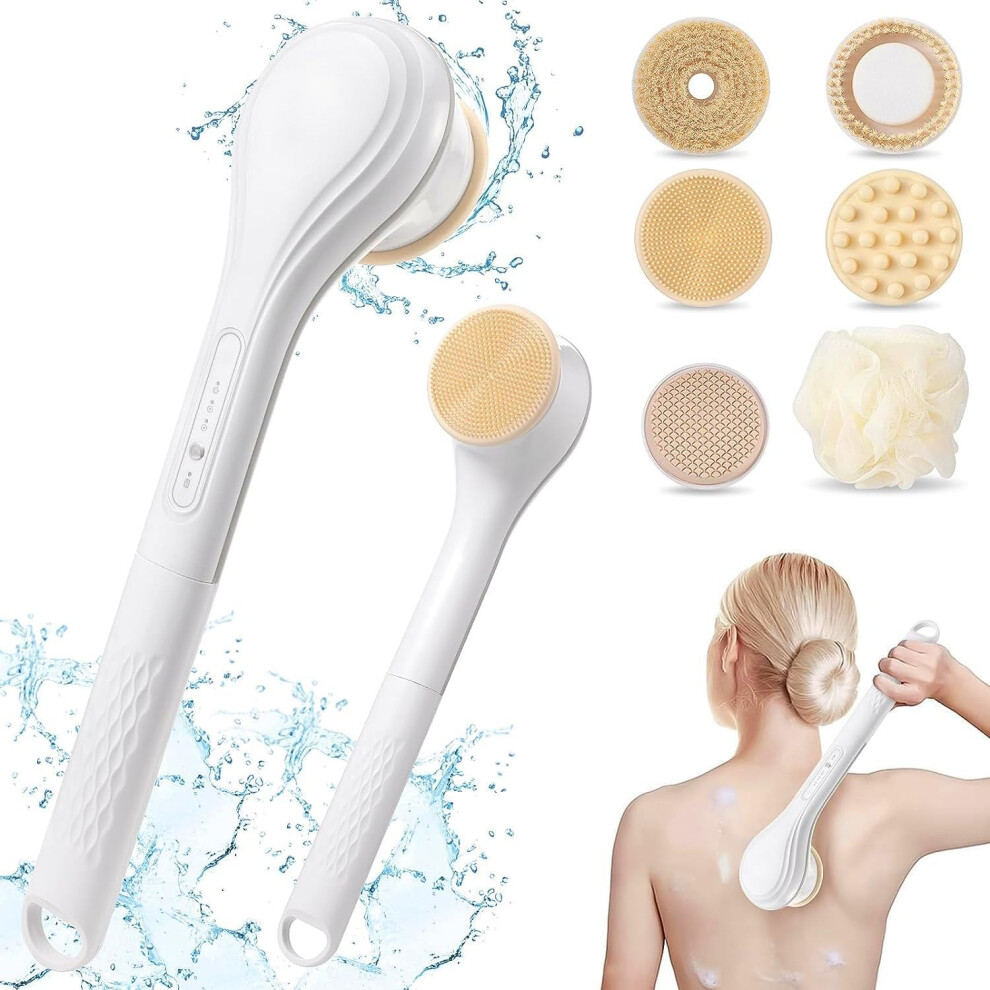 Electric Body Brush with Long Handle, Rechargeable Back Scrubber for Shower, 6 Brush Heads, 360 Rotating Cleaning