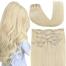 16 Inch Blonde Clip in Human Hair Extensions, 100% Remy Double Weft for Instant Volume