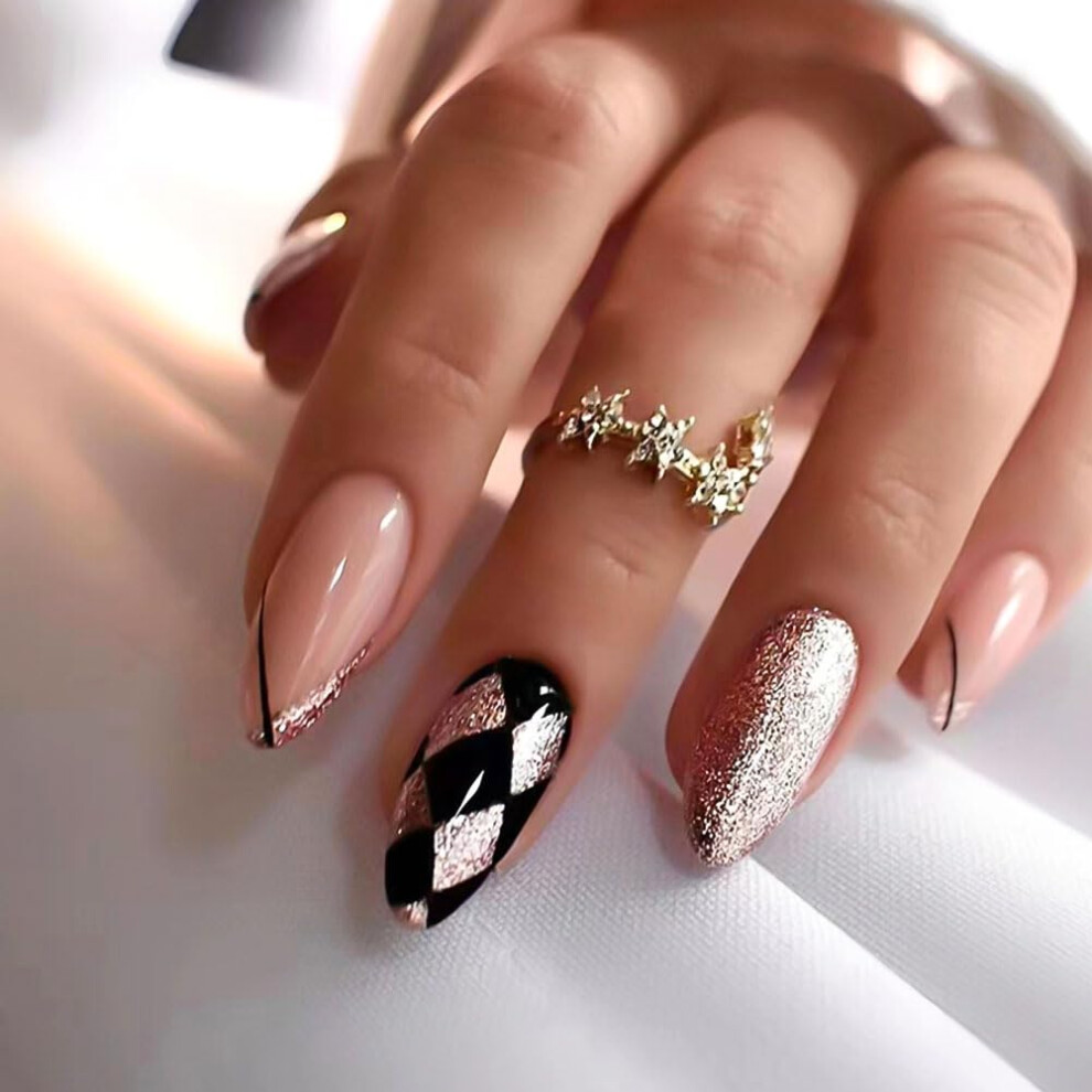 Almond Press On Nails Set Glossy Acrylic Fake Nails with Glitter Geometry Design 24pcs