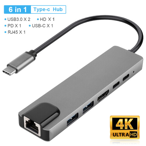 Διανομέας USB-C 6 σε 1, φορητός προσαρμογέας ταξιδιού με έξοδο βίντεο HDMI 4K, 2