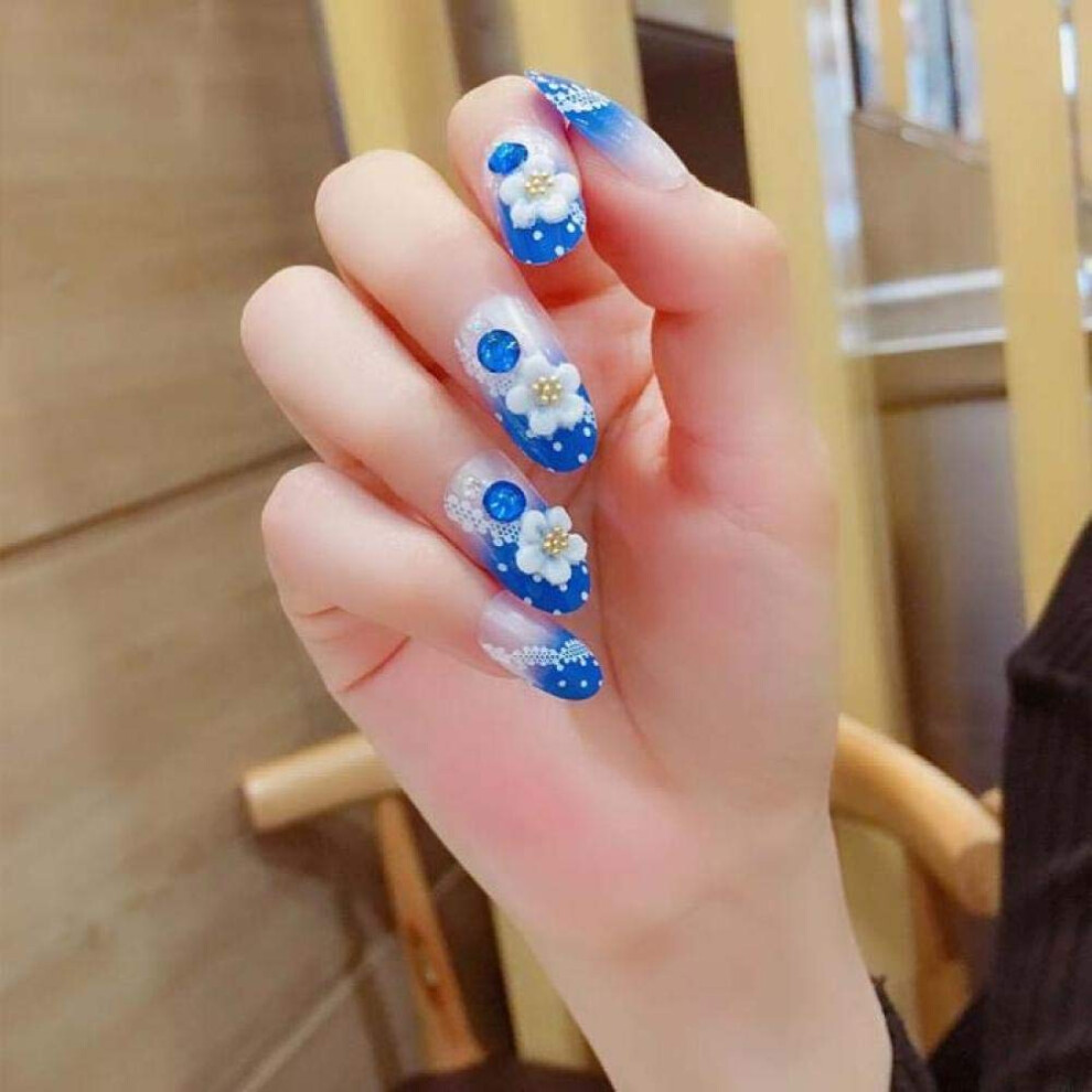 Blue Fake Nails 24Pcs Flower Rhinestone Press On Nails With Glue Abs Full Cover Instant Manicure