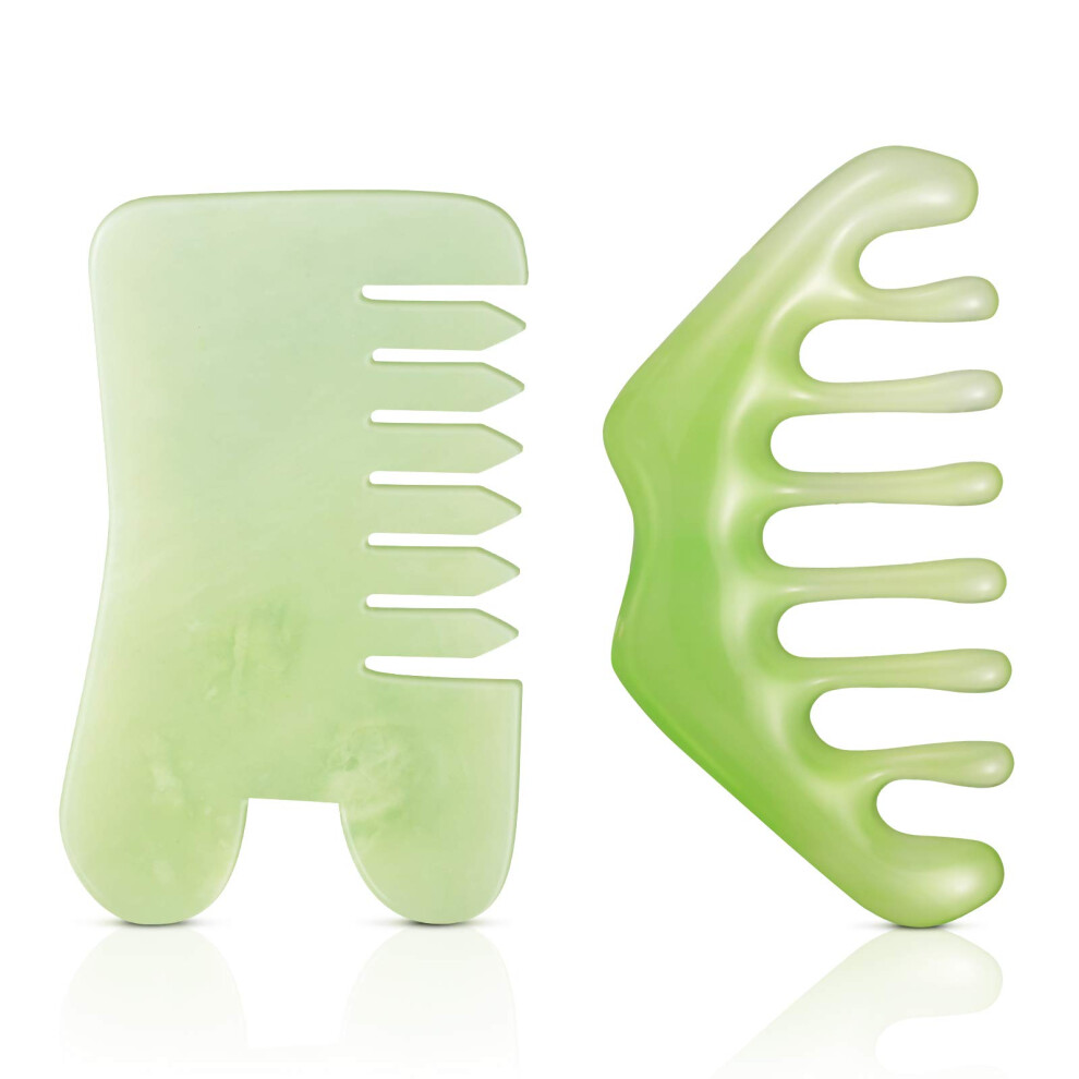 Jade Gua Sha Comb Set with Scalp Massage and Facial Care, 2 Pcs Natural Stone with Bag