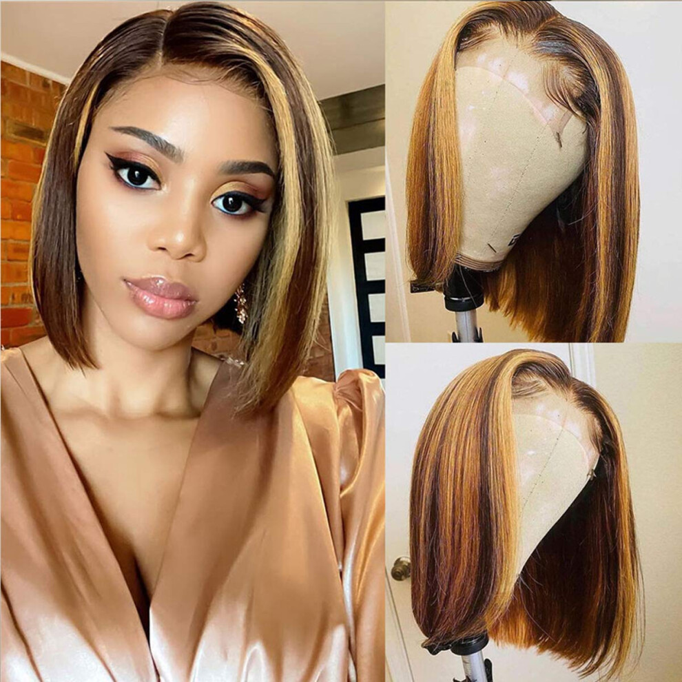 Unisex Bob Human Hair Wig 4X4 Lace Closure Honey Blonde Ombre Brazilian Remy Hair Pre Plucked 150% Density