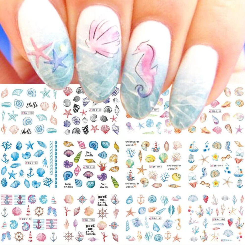 Summer Ocean Nail Art Stickers 12 Sheets, Beach Theme Water Transfer Decals with Seashell Starfish Turtle Designs