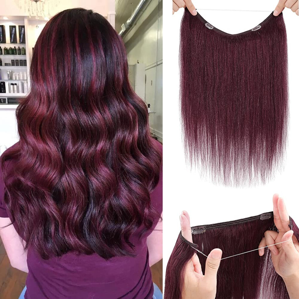 Unisex Red Invisible Wire Remy Human Hair Extensions 16 Inch 99J Wine With Transparent Fish Line