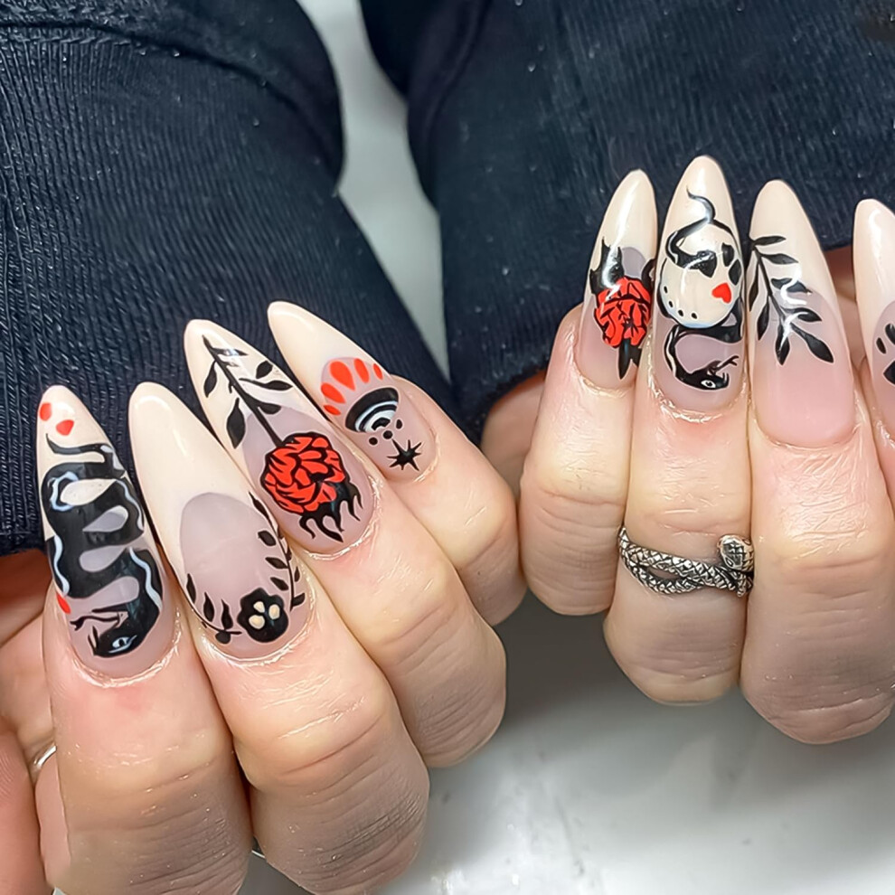 Almond Shape Press On Nails with Gothic French Tips, Reusable Glam False Nails for Women, 24pcs