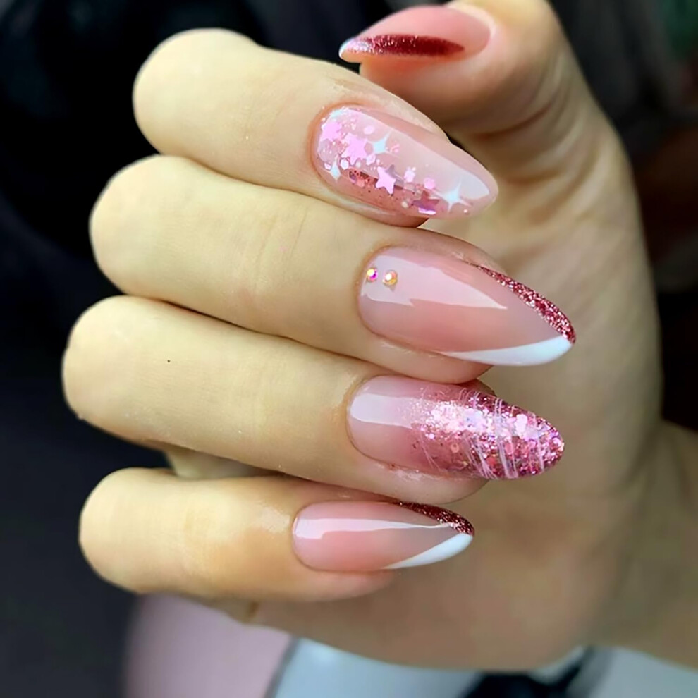 Glitter French Tip Press On Nails Medium Almond Fake Nails with Rhinestones Reusable 24pcs