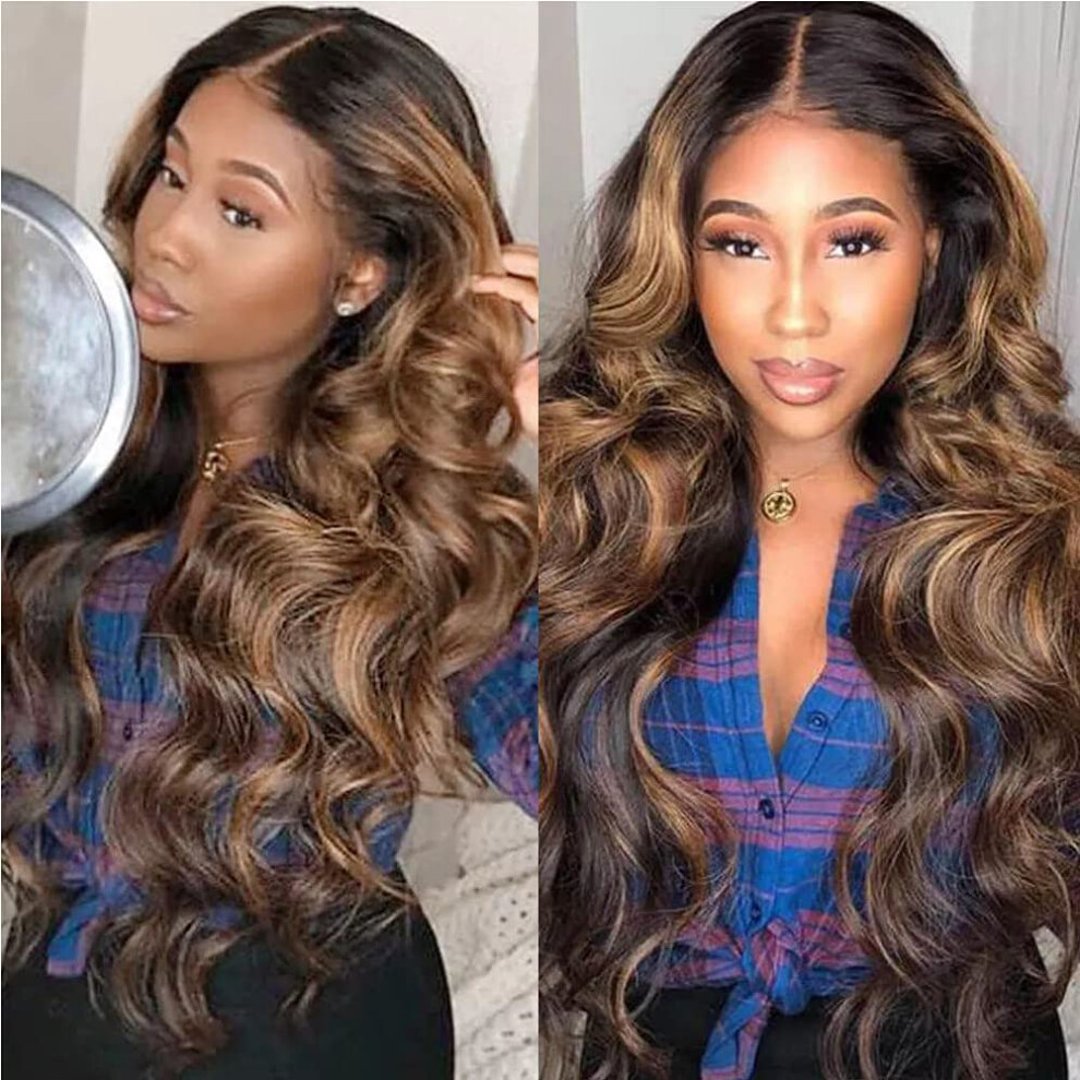 Unisex Black 22 Inch Human Hair Lace Front Wig 4/27 Highlight Honey Blonde Brazilian Body Wave Glueless Easy Wear Natural Hairline For Women