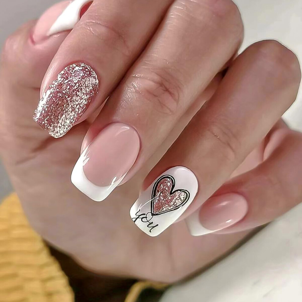 White Short French Press On Nails Acrylic False Nails With Glitter Heart Accent Reusable 24Pcs