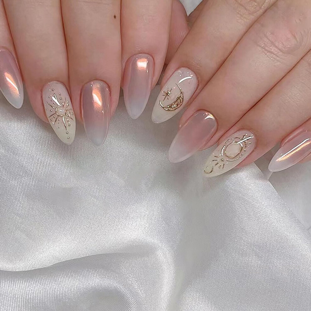 Medium Ombre Pink Almond Press On Nails with Gold Star Moon Design, 24pcs Reusable Acrylic Set