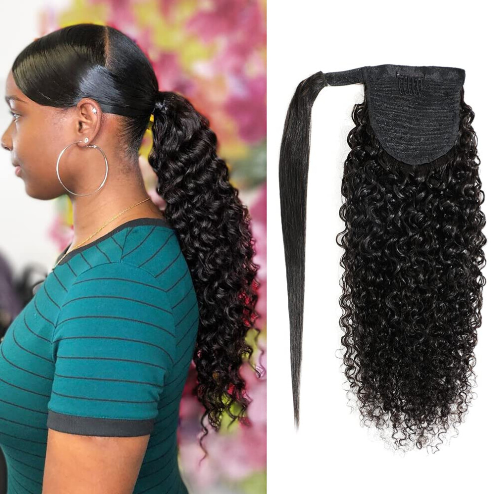 Unisex Black 24 Inch Kinky Curly Human Hair Ponytail Extension With Secure Wraparound Brazilian Virgin Hair Design