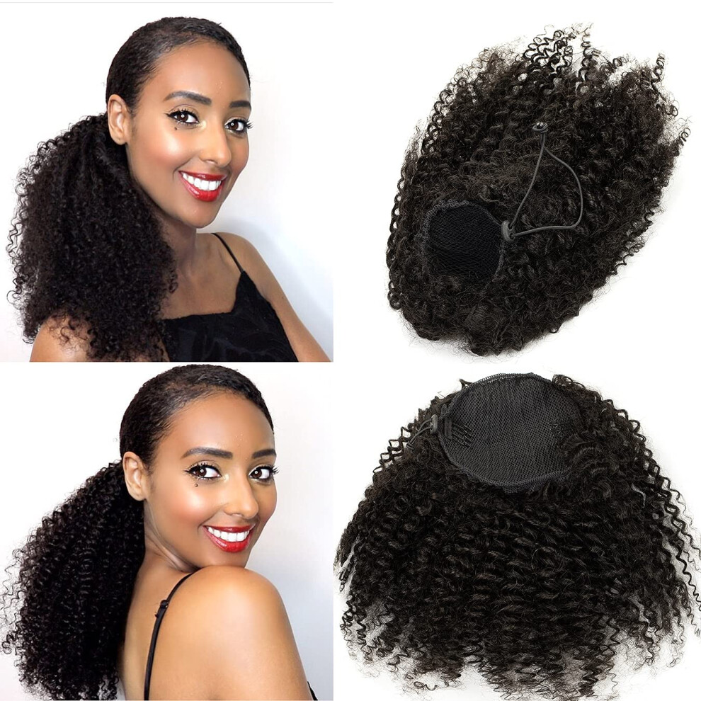 Unisex Black 14 Inch Human Hair Kinky Curly Ponytail For Women Natural 3B 3C Afro Kinky Drawstring Extension