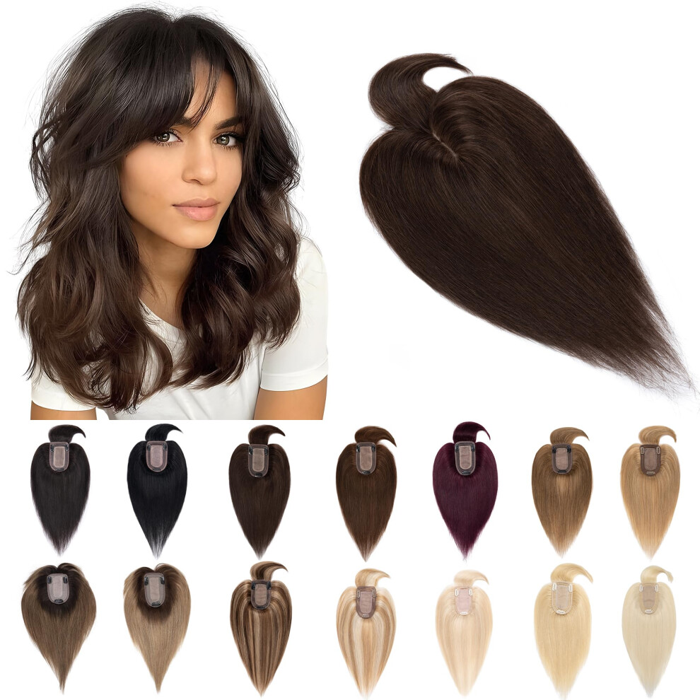 Unisex Brown Human Hair Topper With Bangs Silk Base 12 Inch Remy Clip In Wiglet For Women Dark Volume