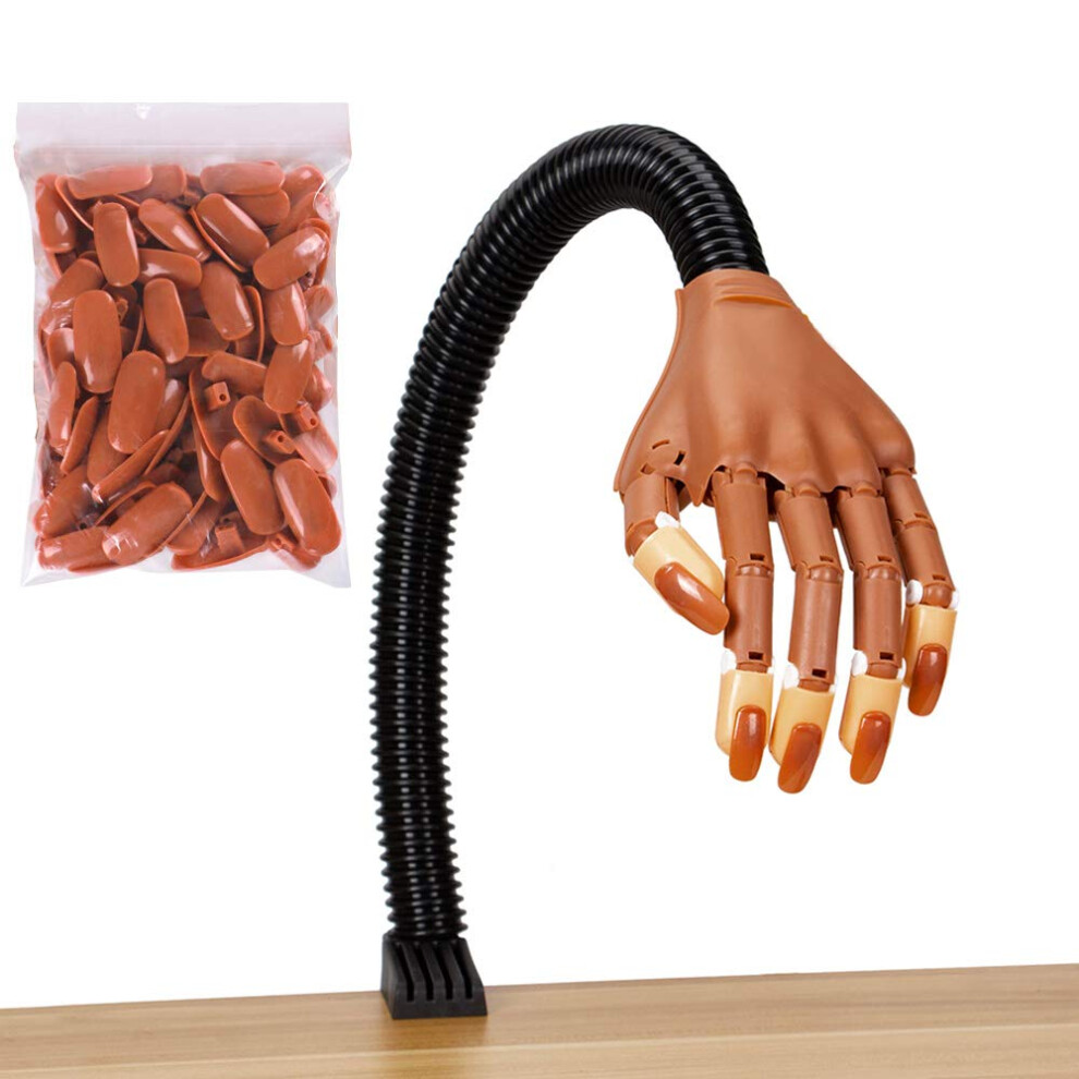 Nail Training Hand with Flexible Fingers and Clamp, Lifesize Manicure Practice Hand with 100 Fake Nails