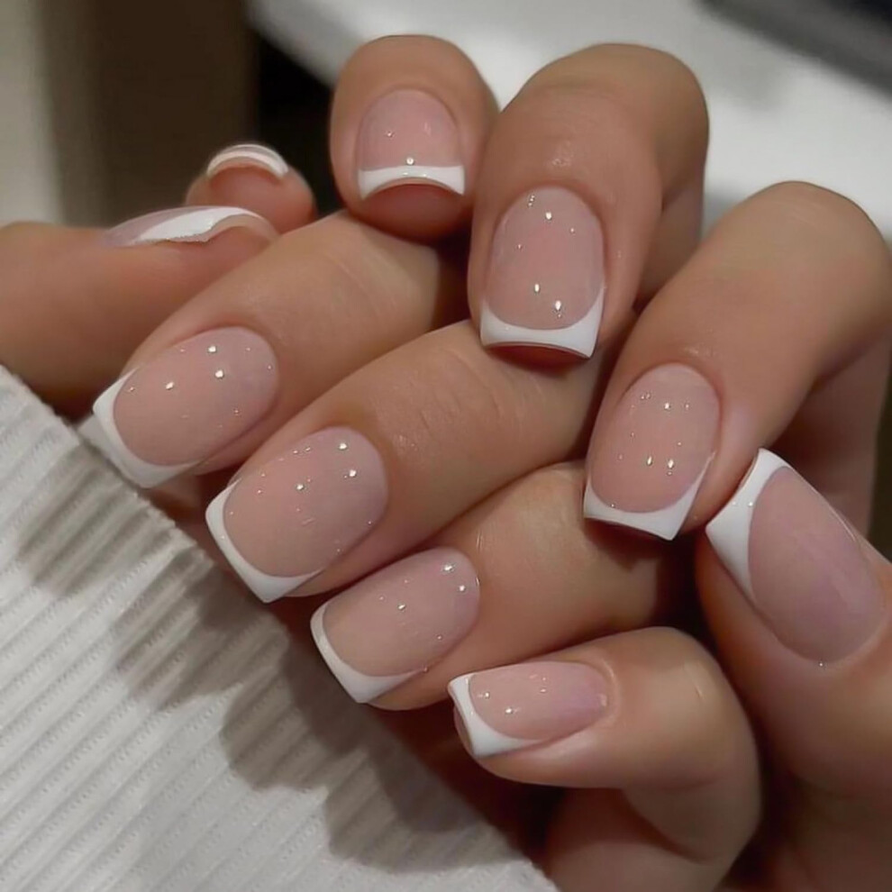 White,Cream Short Square Press On Nails Nude White Acrylic Fake Nails Set Reusable Salonstyle Manicure 24Pcs