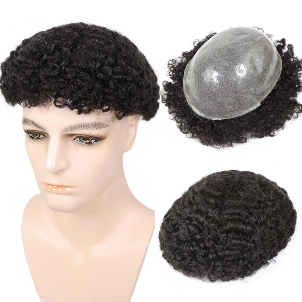 Unisex Black Men's Human Hair Toupee 12Mm Afro Curly Thin Skin Base 1B Off Hairpiece For Men