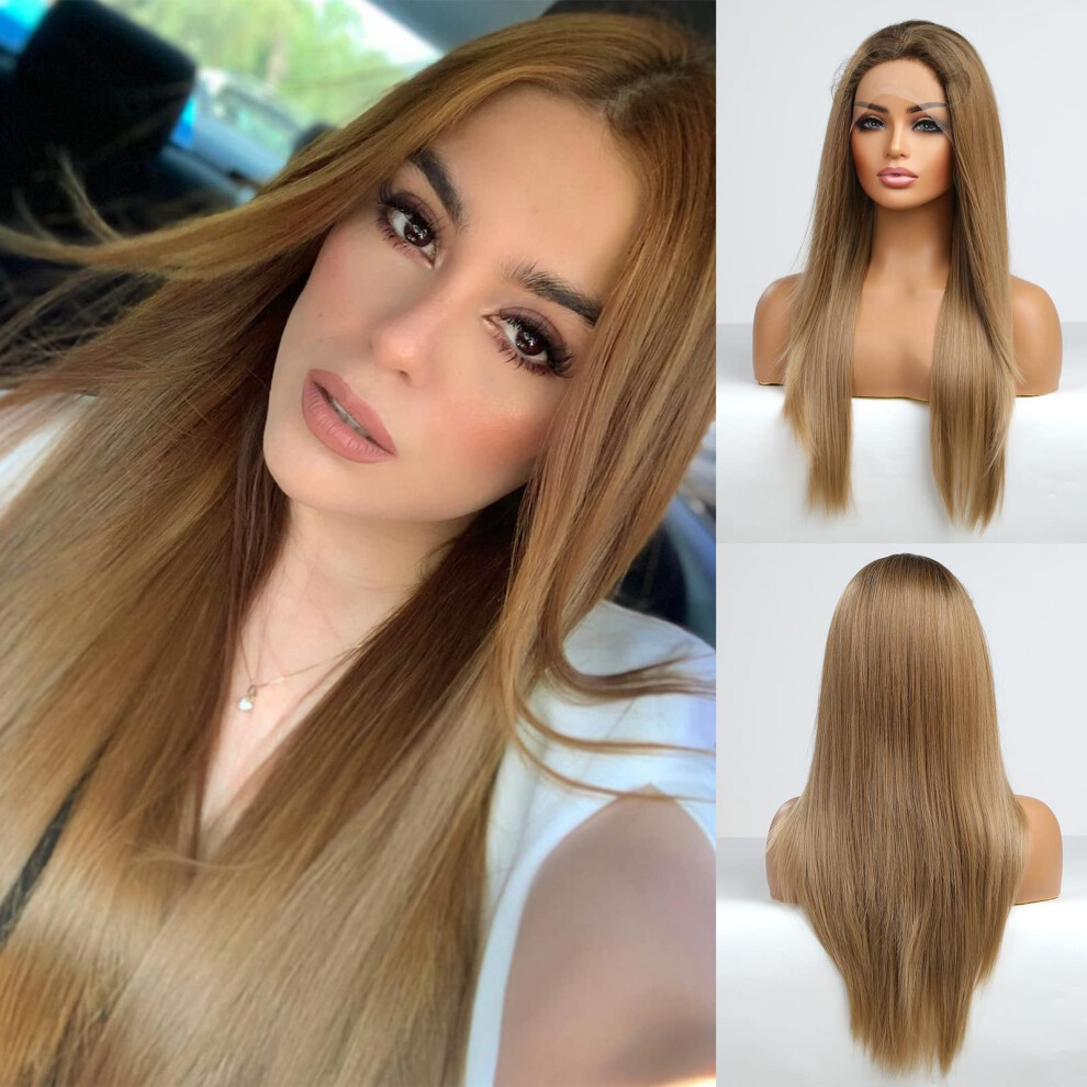 Unisex Ash Blonde 13X4 Lace Front Wig 24 Inch Straight Synthetic Heat Resistant Fiber Natural Hairline
