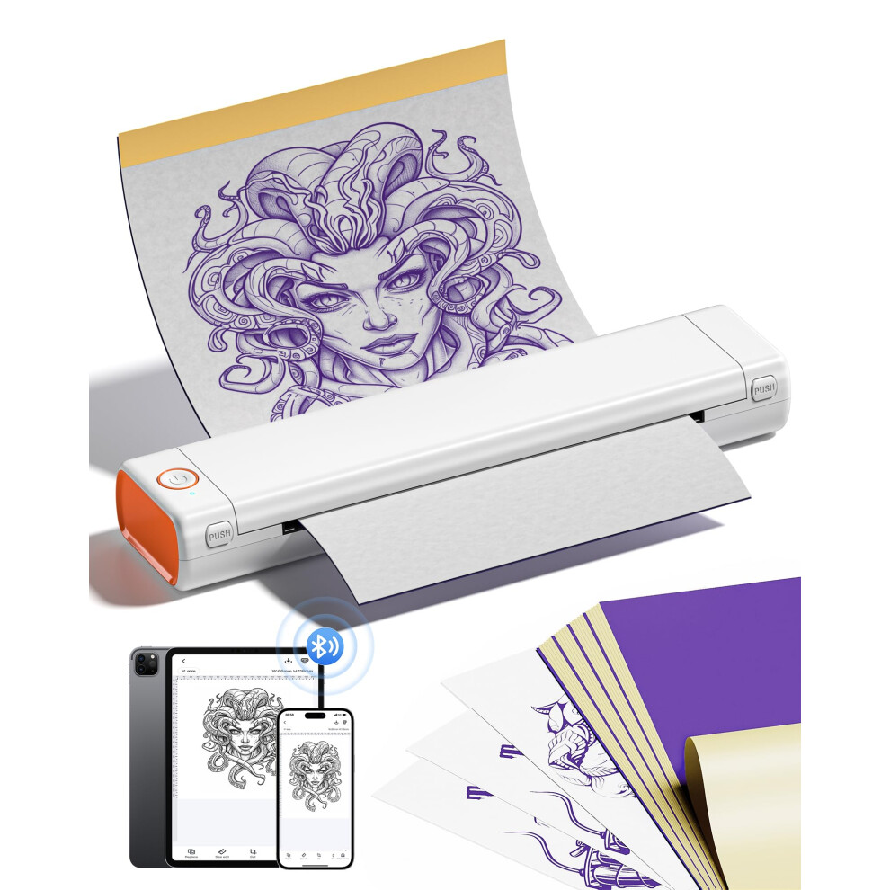 White M08f Bluetooth Tattoo Stencil Printer With Accurate Thermal Transfer, Rechargeable Wireless Design, 10Pcs Transfer Paper,