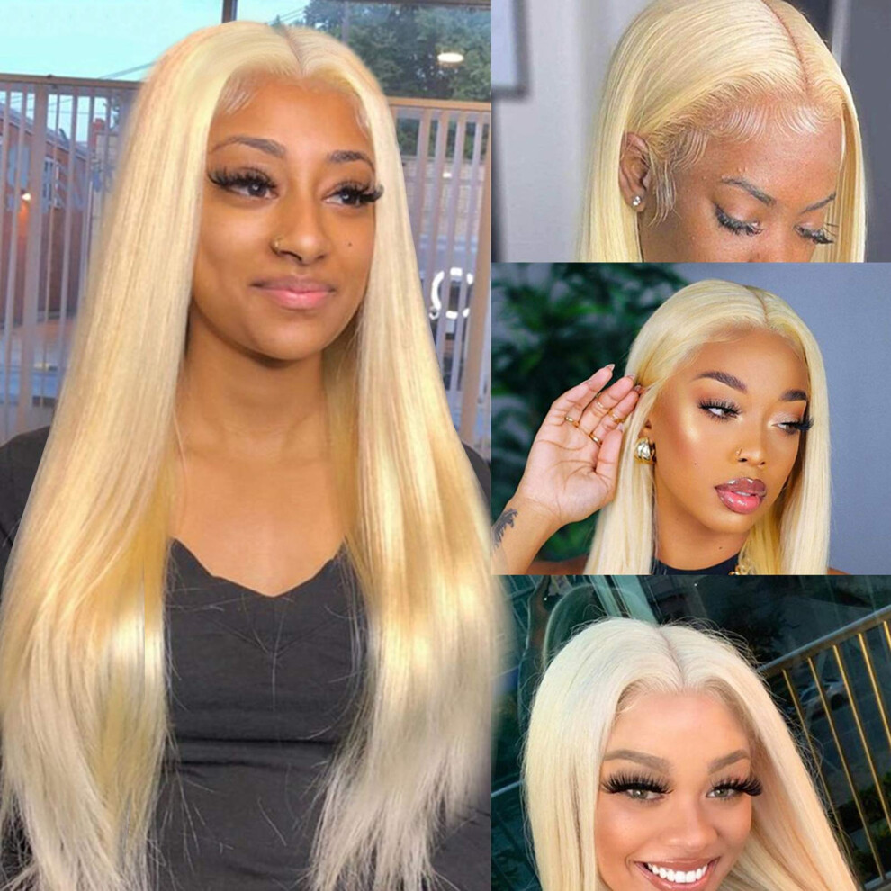 Unisex 16 Inch 613 Blonde Lace Front Wig Straight Remy Human Hair Pre Plucked Bleached Knots