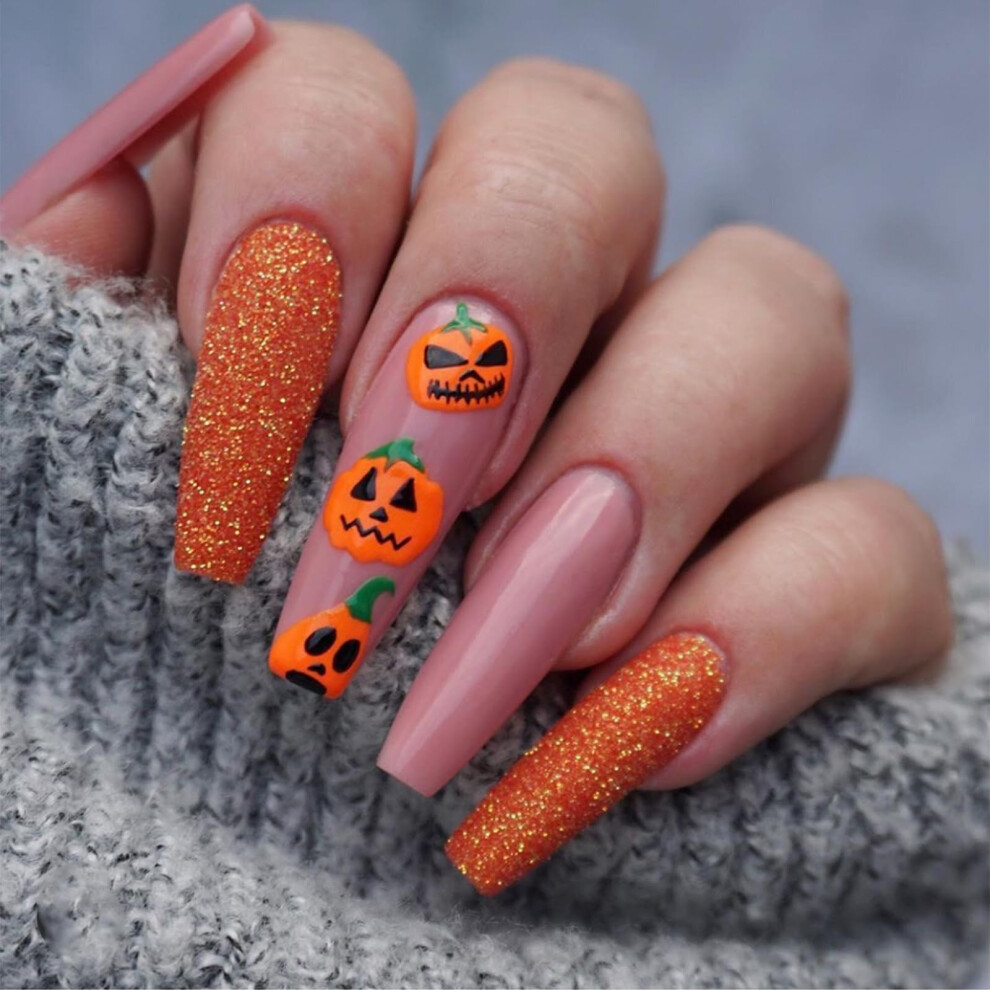 Orange Halloween Coffin Press On Nails Set Pumpkin Acrylic Fake Nails With Rhinestones 24Pcs