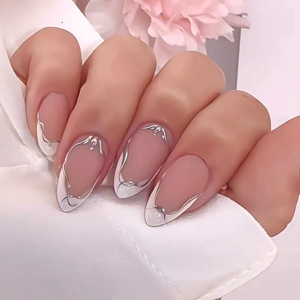 White 24Pcs Milky Almond Press On Nails Short Matte French Fake Nails Salonstyle Acrylic Set