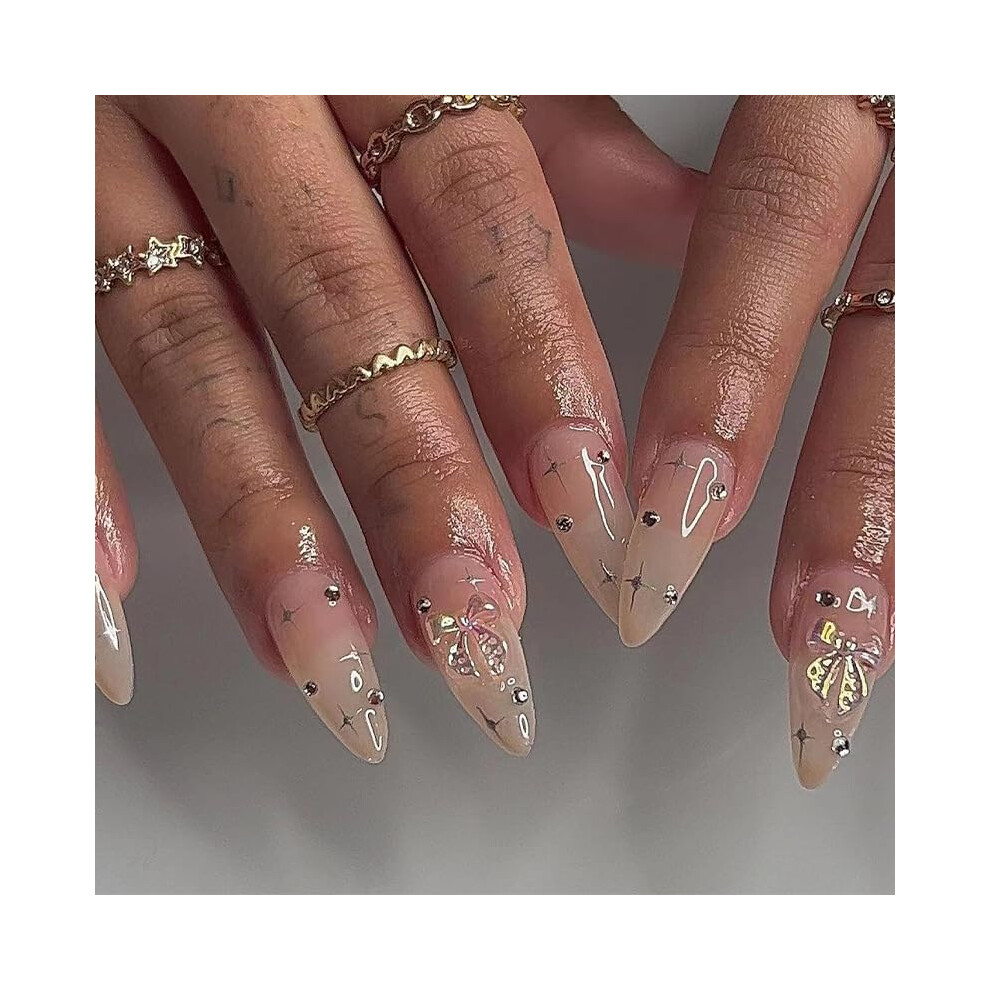 Long Almond Press on Nails French Tip with Bowknot, Glossy Acrylic Fake Nails for Women 24PCS