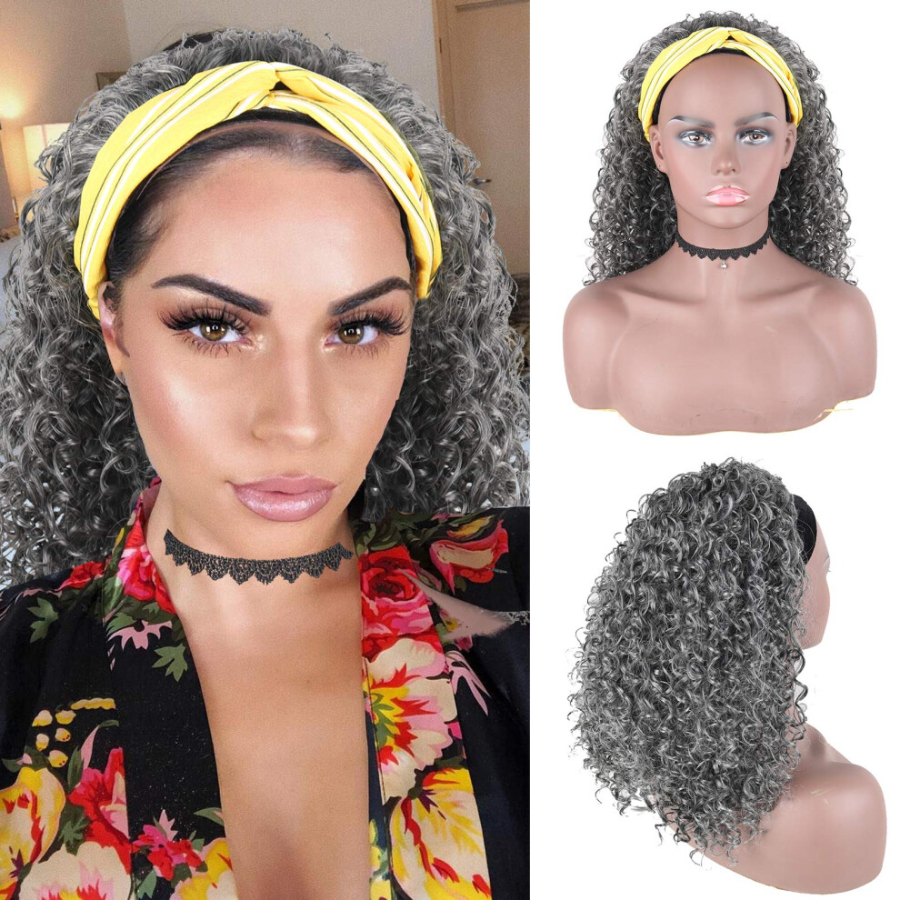 Unisex Black,Grey 16 Inch Grey Afro Curly Headband Wig For Black Women, Synthetic Kinky Curly Heat Resistant