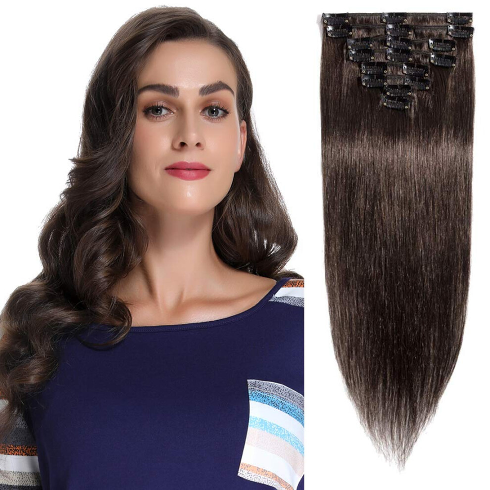 Clip in Human Hair Extensions for Thin Hair, Remy Brazilian Silky Straight Dark Brown 12' Full Head 8pcs