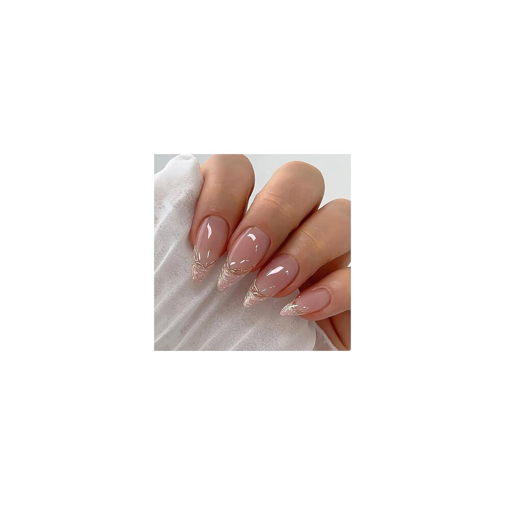 Cream Almond French Tip Press On Nails Medium Nude Glossy Fake Nails With Sequins Reusable Acrylic