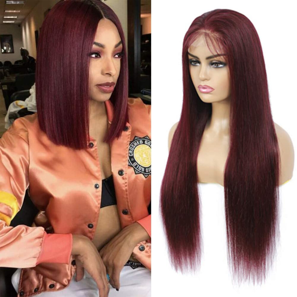 Unisex Red 99J Burgundy Lace Front Wigs Human Hair Straight Long 13X4 With Baby Hair Invisible Hairline 20Inch