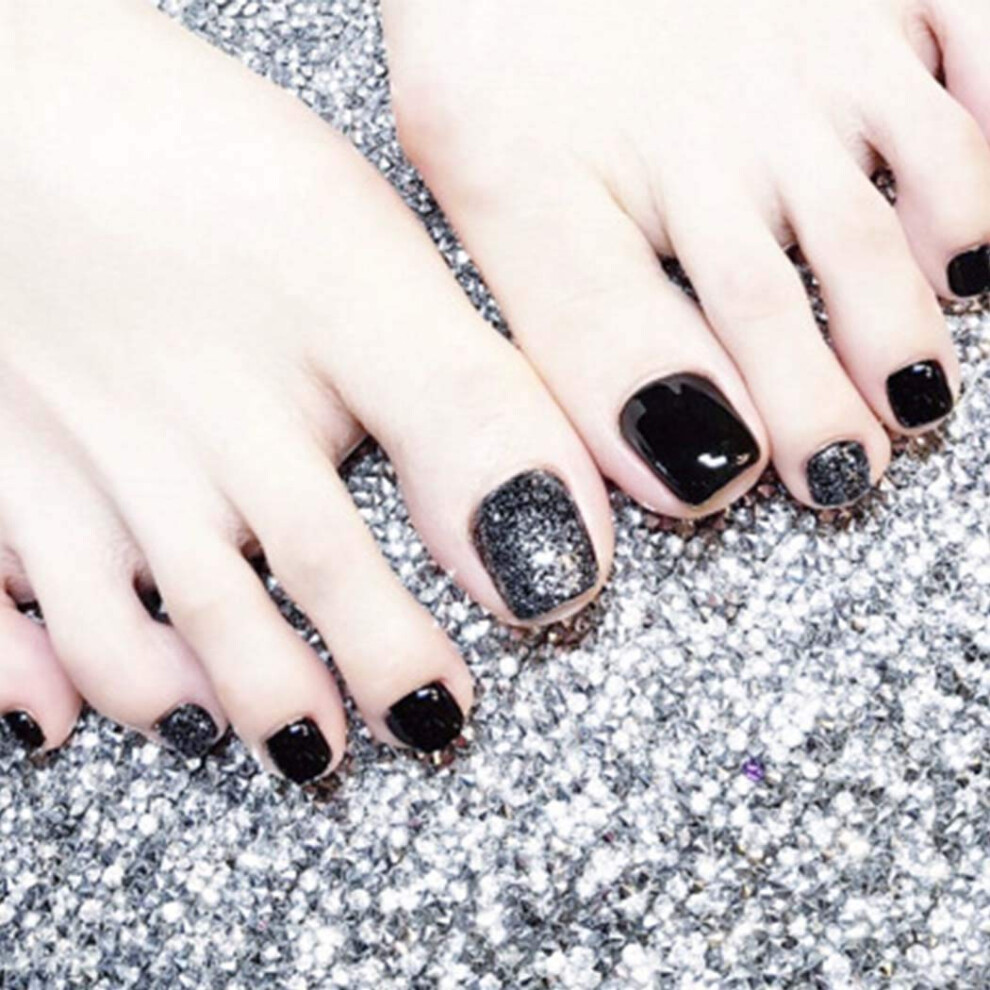 Glossy Black Press On Toe Nails Square Fake Toenails Set with Shimmer for Women Multiple Sizes