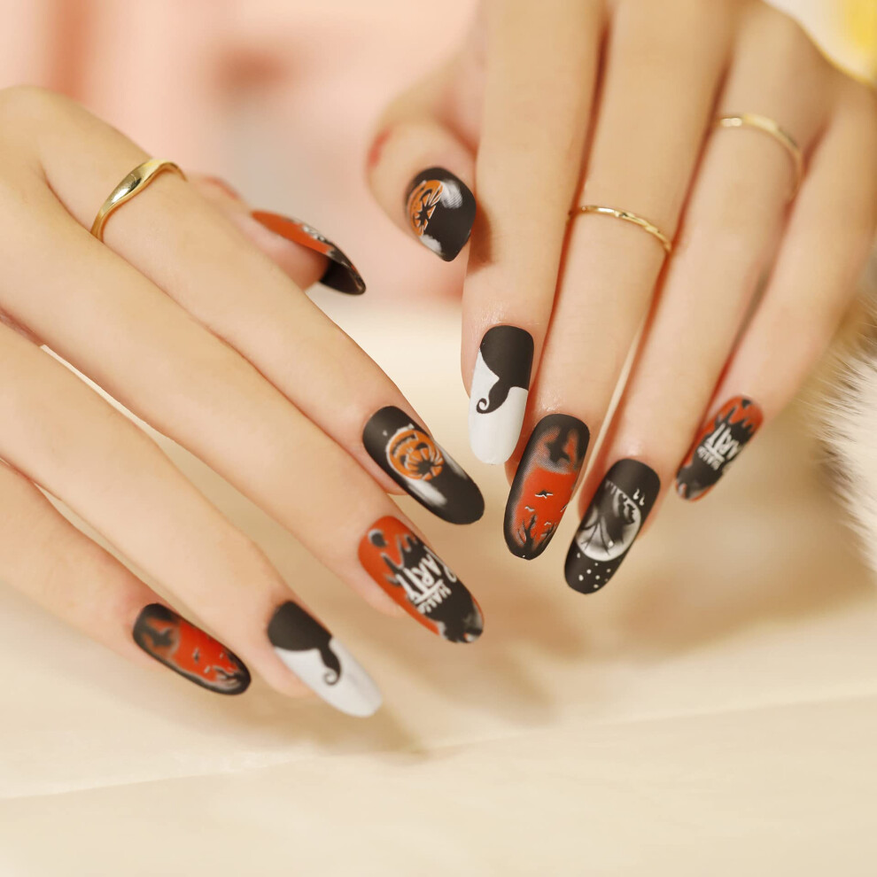 Halloween Press On Nails Set 24Pcs Almond Coffin Shape Easy Apply Durable Acrylic Fake Nails for Women