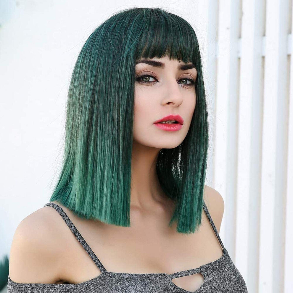 Unisex Green Bob Wig With Bangs For Women, Heat Resistant Synthetic Short Straight Cosplay Hair