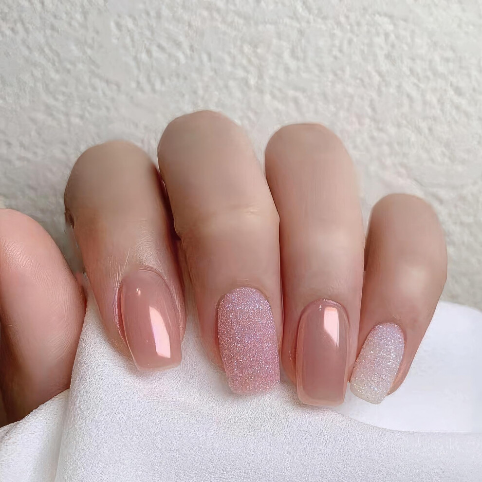 Pink Press On Nails Short Square Glossy Glitter Fake Nails Reusable Kit For Women 24Pcs