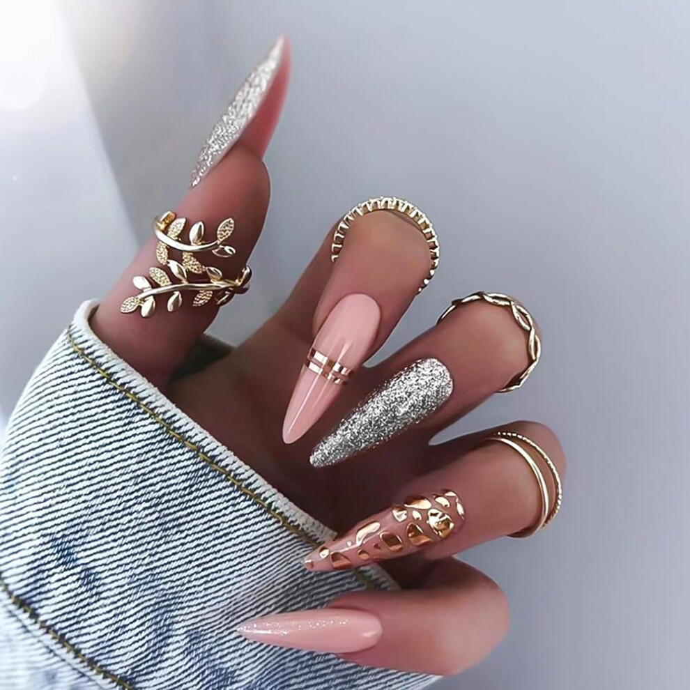 Medium Stiletto Press On Nails Pink and Silver Glitter Fake Nails Almond Acrylic Full Coverage