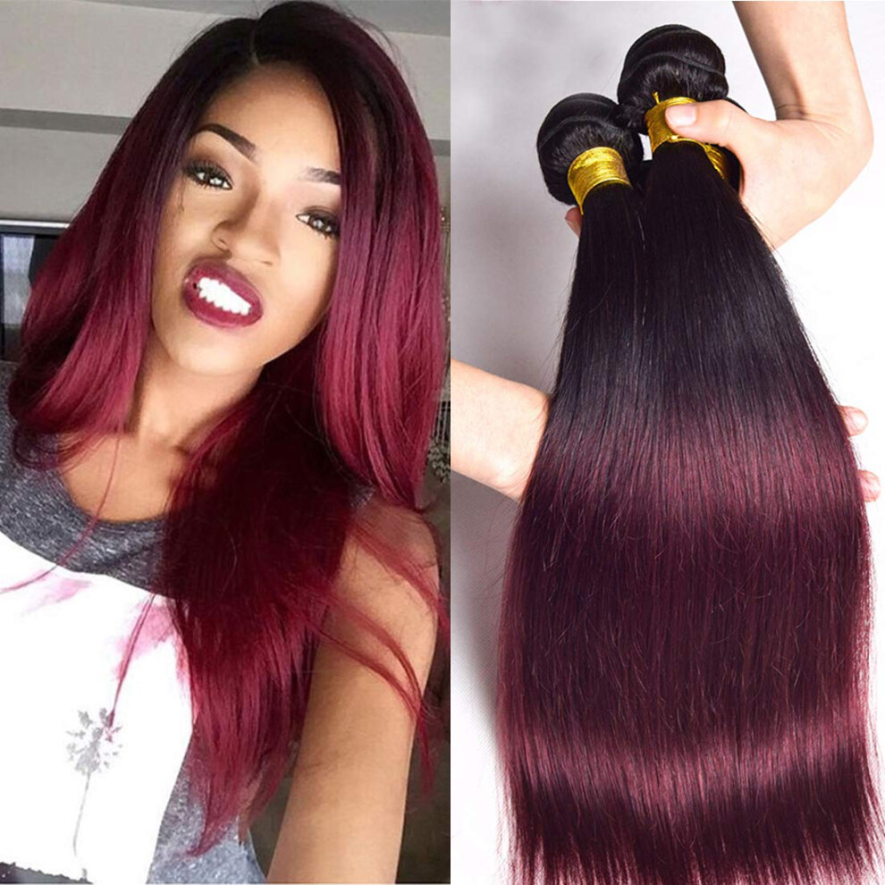 Brazilian Virgin Ombre Hair Bundles T1B/99J Straight Black to Burgundy Extensions 12 14 16 Inch