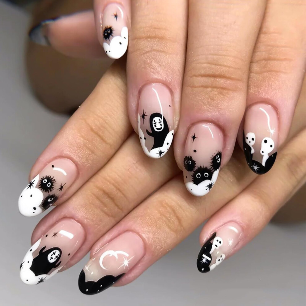 Cream Halloween Press On Nails Almond Shape With Cartoon Print, Glossy Nude Fake Nails For Women