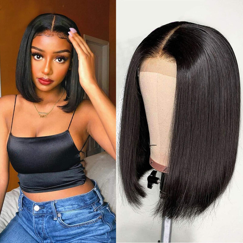 Unisex Brazilian Virgin Human Hair Bob Wig 12 Inch Straight 13X4 Lace Front Natural Hairline