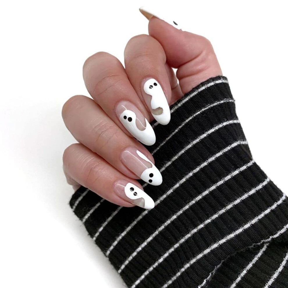 Halloween Press on Nails Almond Short White French Ghost Design Fake Nails Reusable Glossy Set 24Pcs
