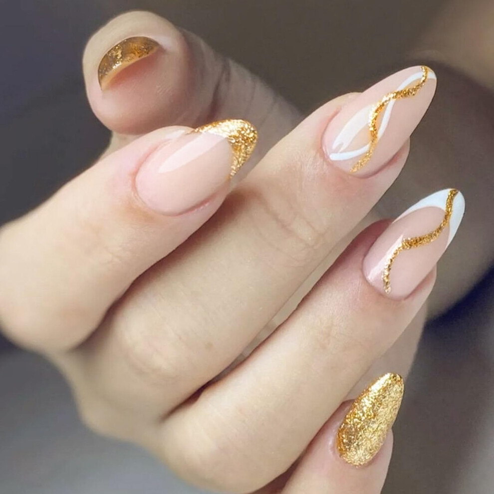 Golden Press On Nails Almond Shape With Glitter French Tips Reusable Glue On Nails Set 24Pcs