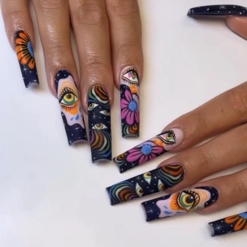 Long Matte Black Press On Nails with Abstract Graffiti Design, Reusable Extra Long False Nails for Women