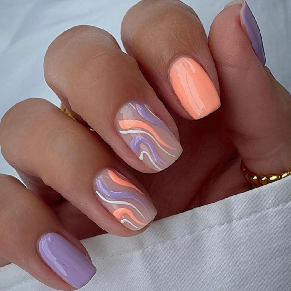 24Pcs Short Square Press on Nails Colorful Swirl Acrylic Fake Nails Easy Glue Full Coverage