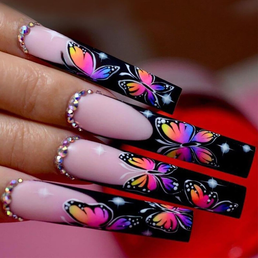 Black 24 Pcs Long Coffin Press On Nails With Glue Extra Long Matte Fake Nails With Rhinestone Butterfly Designs For Women