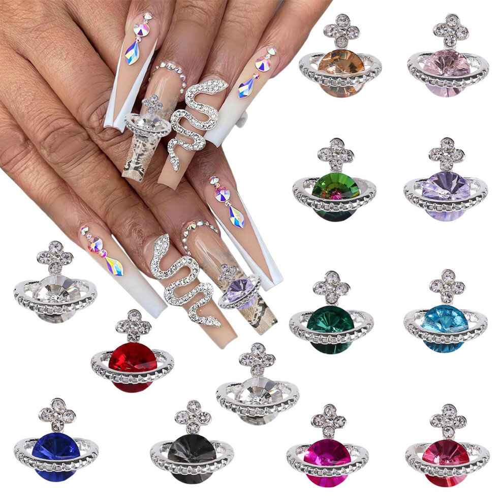 24PCS 3D Nail Charms Saturn Shape Metal Rhinestone Decorations 12 Colors for Acrylic Nails