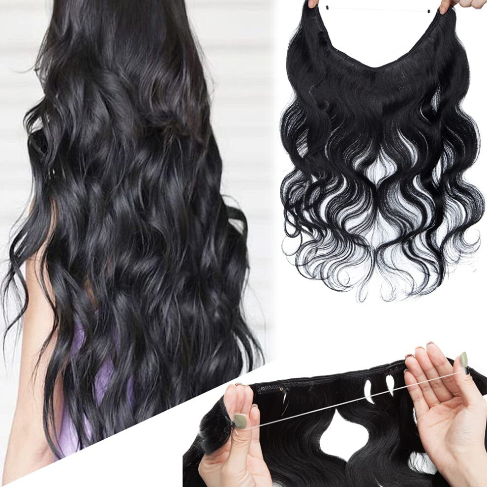 Unisex Black 18 Inch Remy Human Hair Wire Extensions Hidden Crown Invisible Hairpiece Jet Wavy