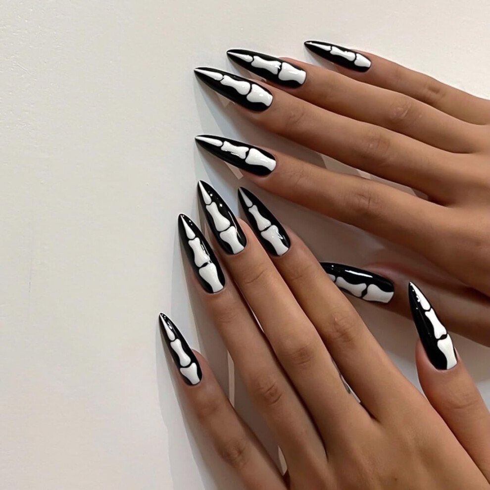 Black Glossy Stiletto Press On Nails with French Tips, Reusable Acrylic Fake Nails Kit with Glue