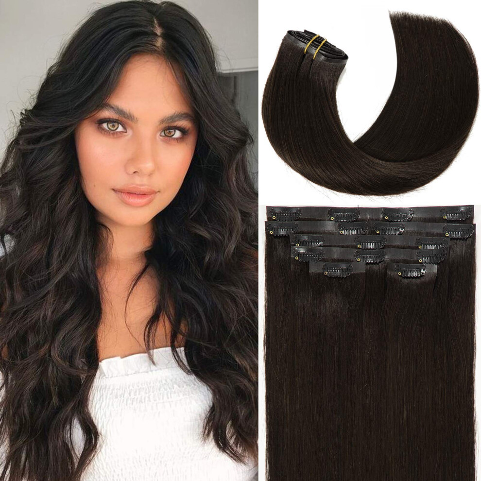 Unisex Black 16 Inch Natural Pu Skin Weft Clip In Human Hair Extensions Seamless Remy Brazilian Hair