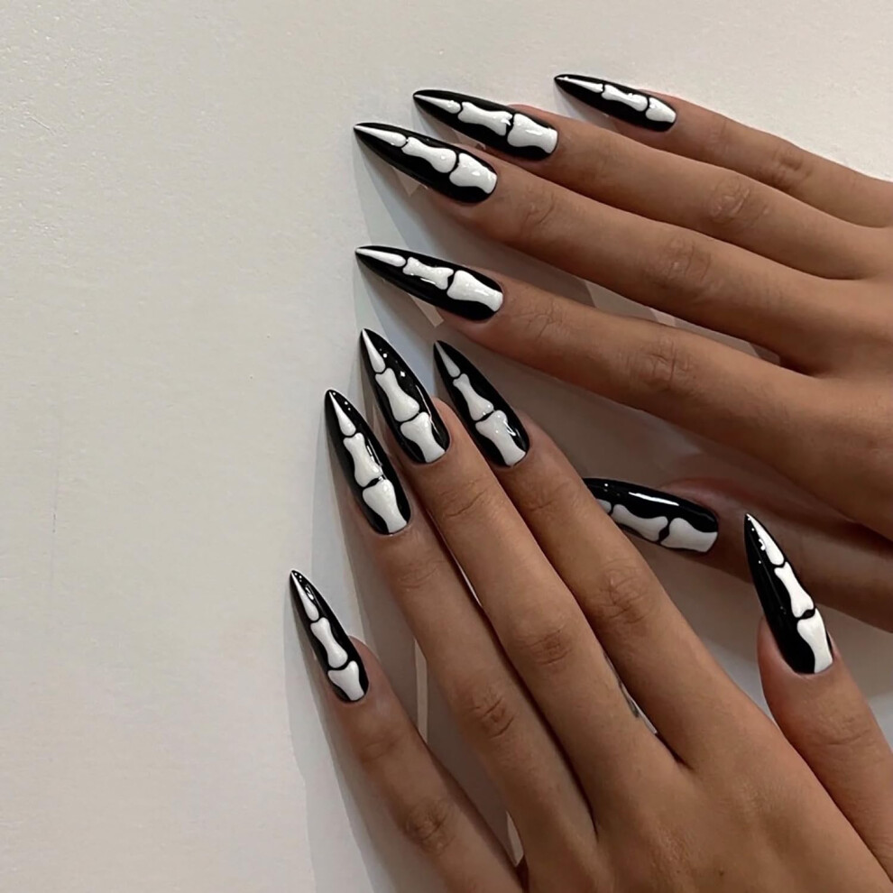 Black Halloween Press On Nails Almond Long False Nails With Bone Design Reusable Acrylic Set